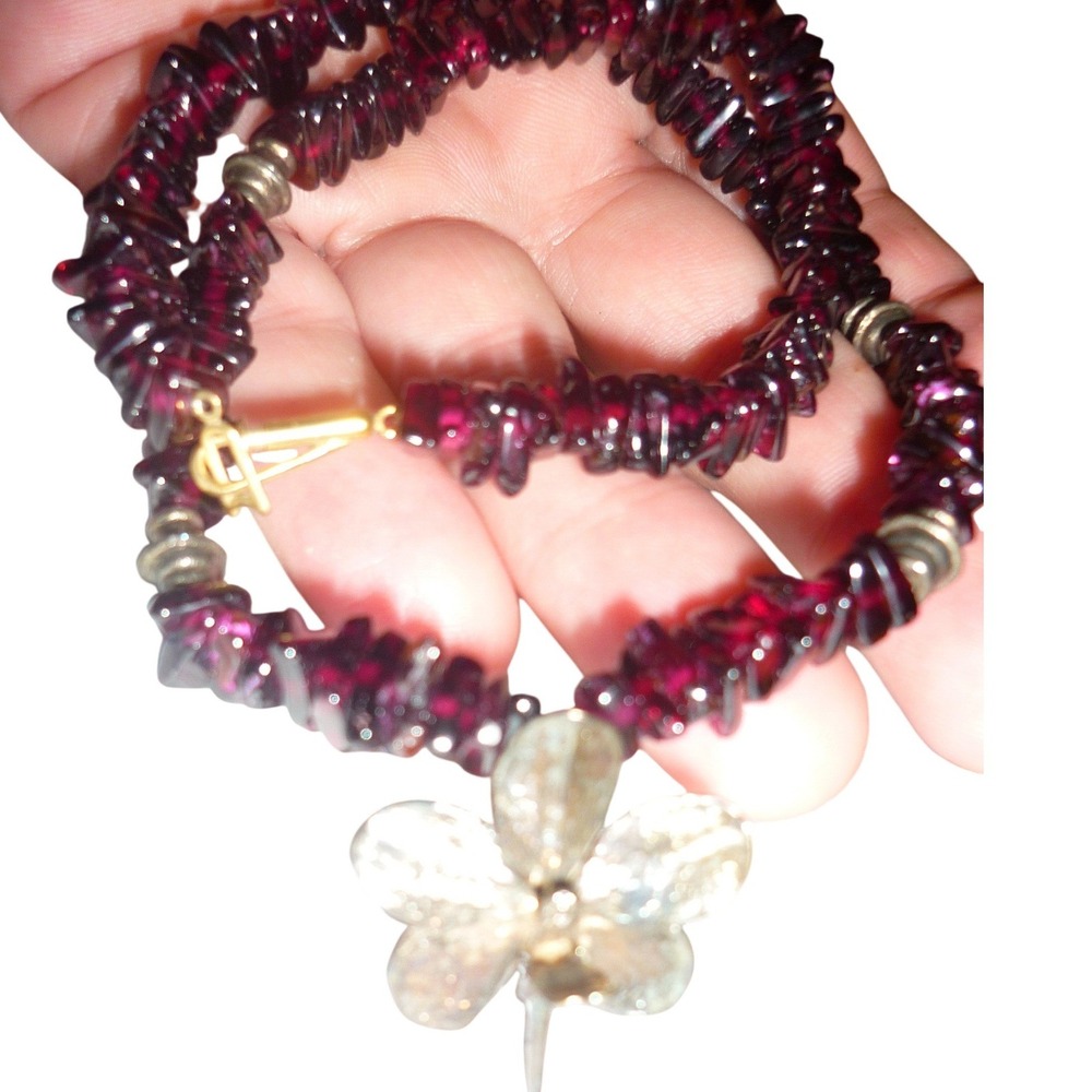 Vintage Garnet Chip Bead Necklace Silver‎ Tone Orchid Flower Pendant 16 Inch